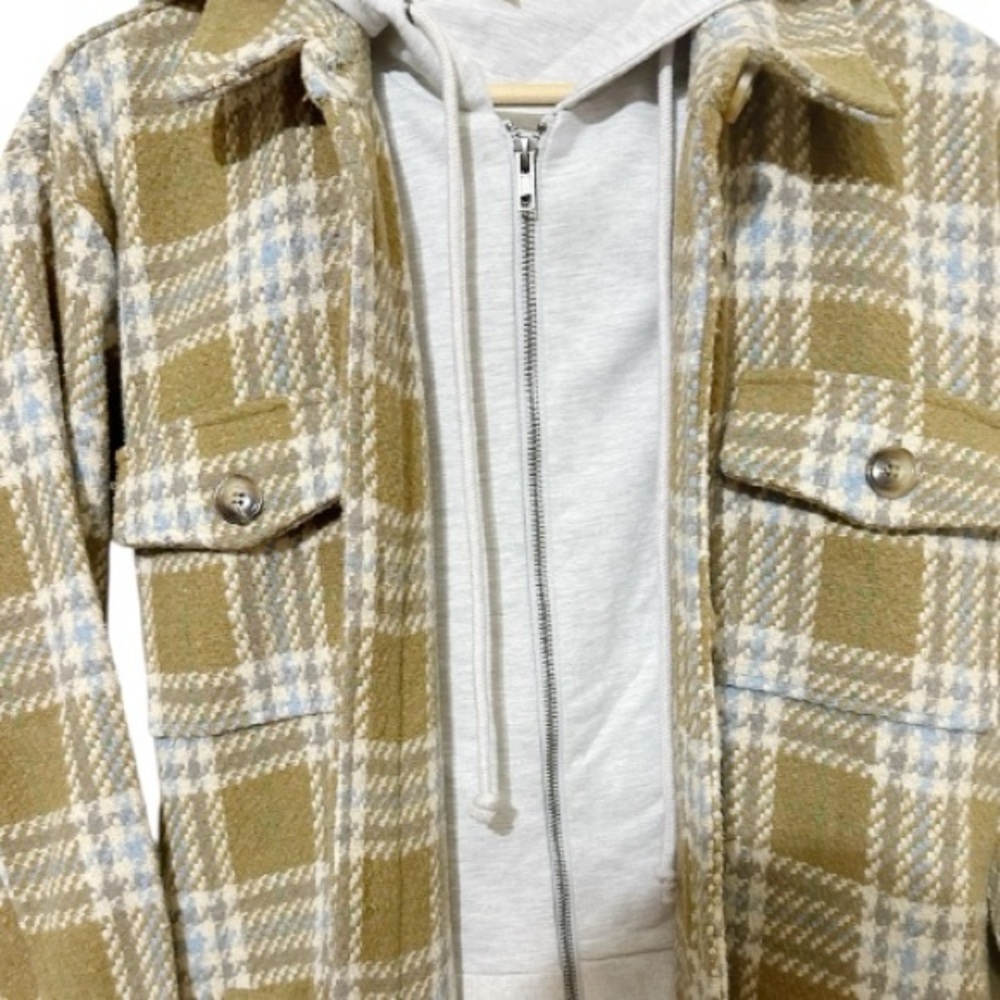 Mystree Twofer Tan Blue Cream Plaid Long Women’s Hooded Jacket New - Size Medium - Picture 5 of 9